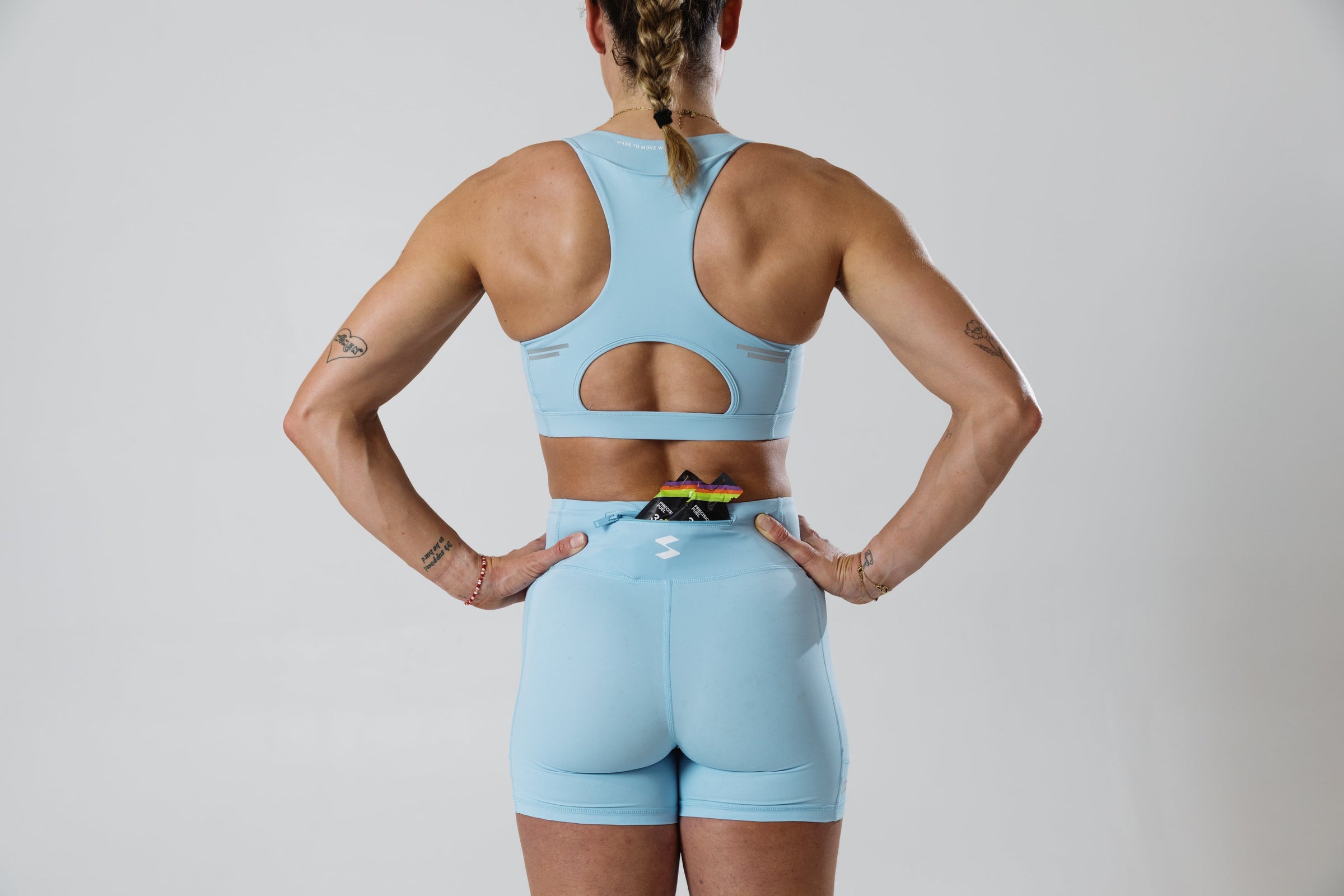 Runner wearing the SASH Baby Blue Motion Short, rear view